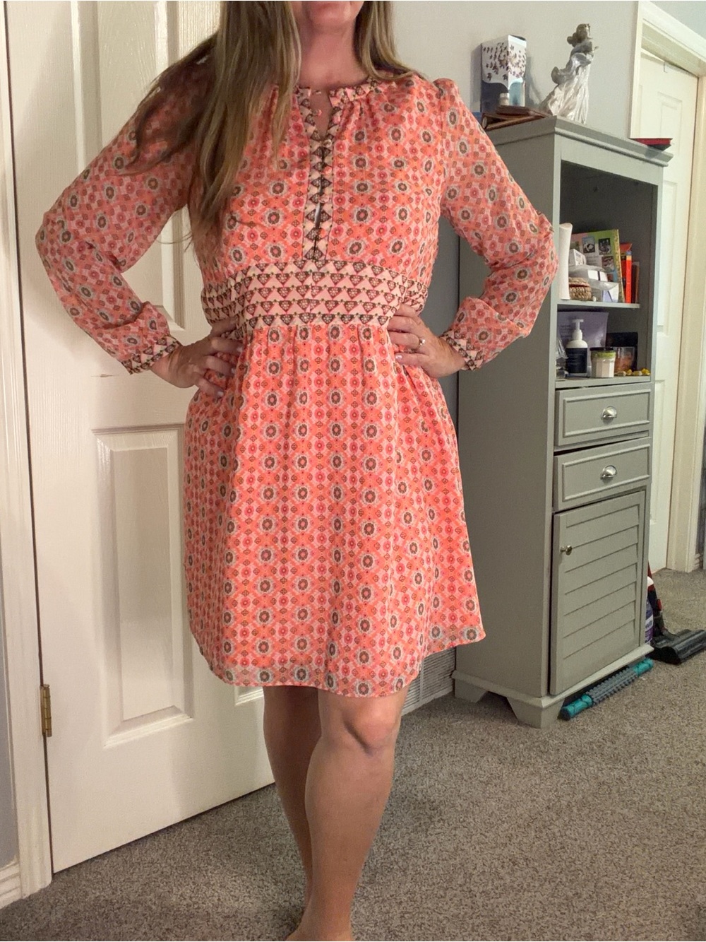 LOFT Coral and Pink Geometric Floral Blouse Dress
